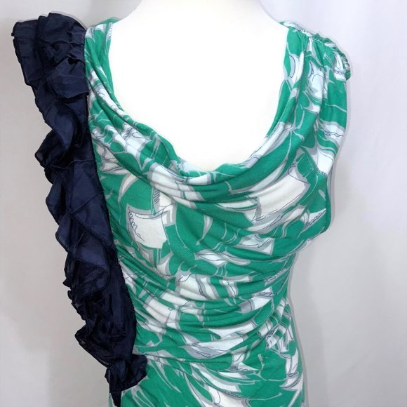 Anthropologie Little Yellow Button Ruched Side Ruffle Print Long Knit Top Tee - Picture 6 of 11